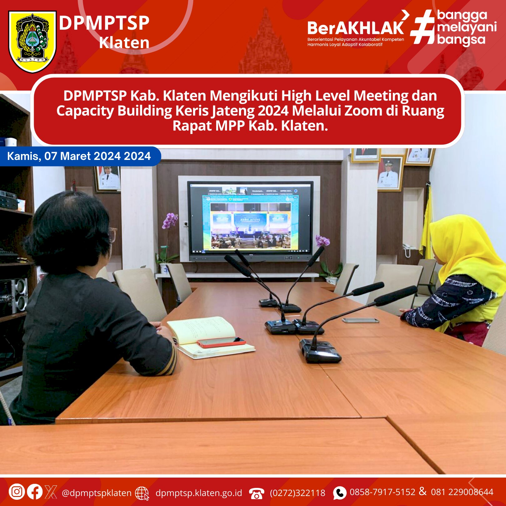 DPMPTSP Kab. Klaten Mengikuti High Level Meeting dan Capacity Building Keris Jateng 2024 Melalui Zoom di Ruang Rapat MPP Kab. Klaten.